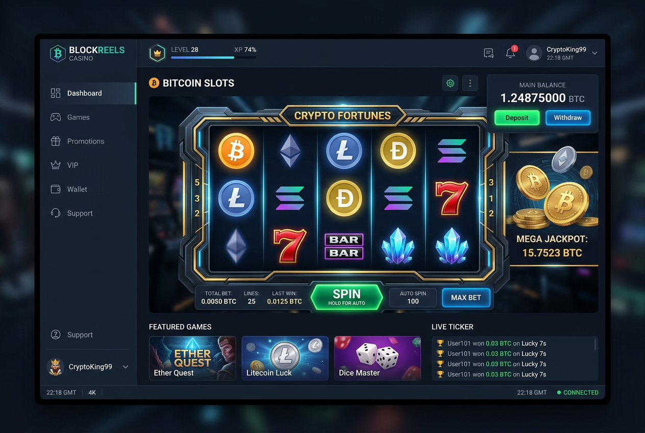 Nowoczesny interfejs kasyna online z ikonami Bitcoin i Ethereum