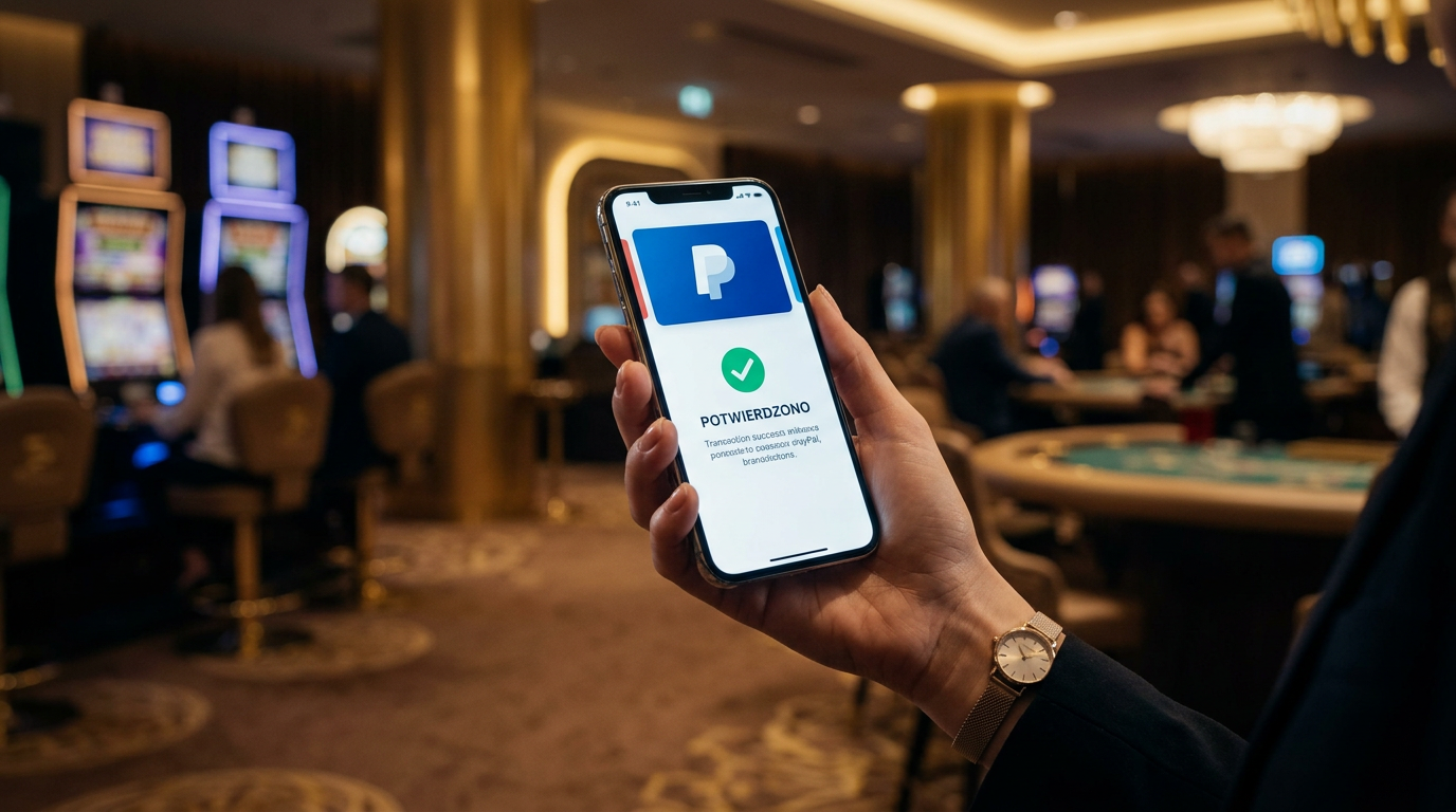 Luksusowe wnętrze kasyna i telefon z potwierdzeniem płatności PayPal